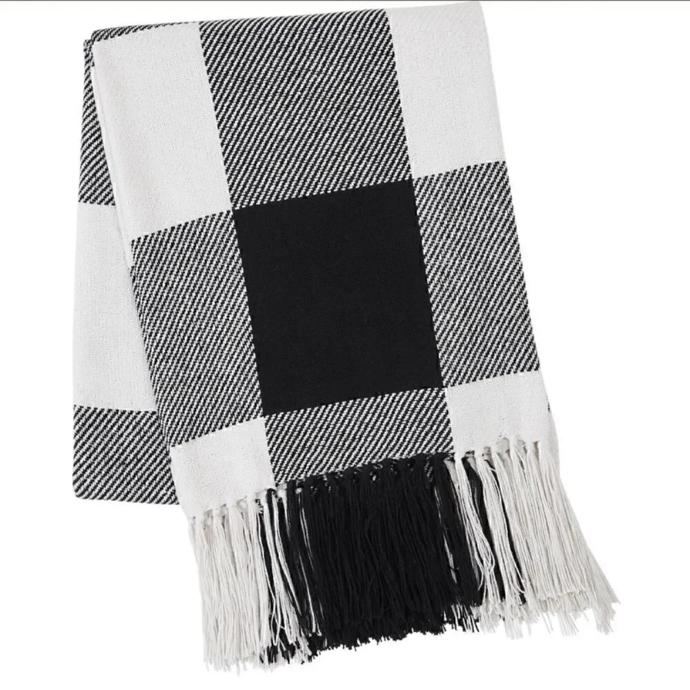 NEW! Black White Buffalo Plaid 100% Cotton Throw Blanket Fringed Cozy Warm
